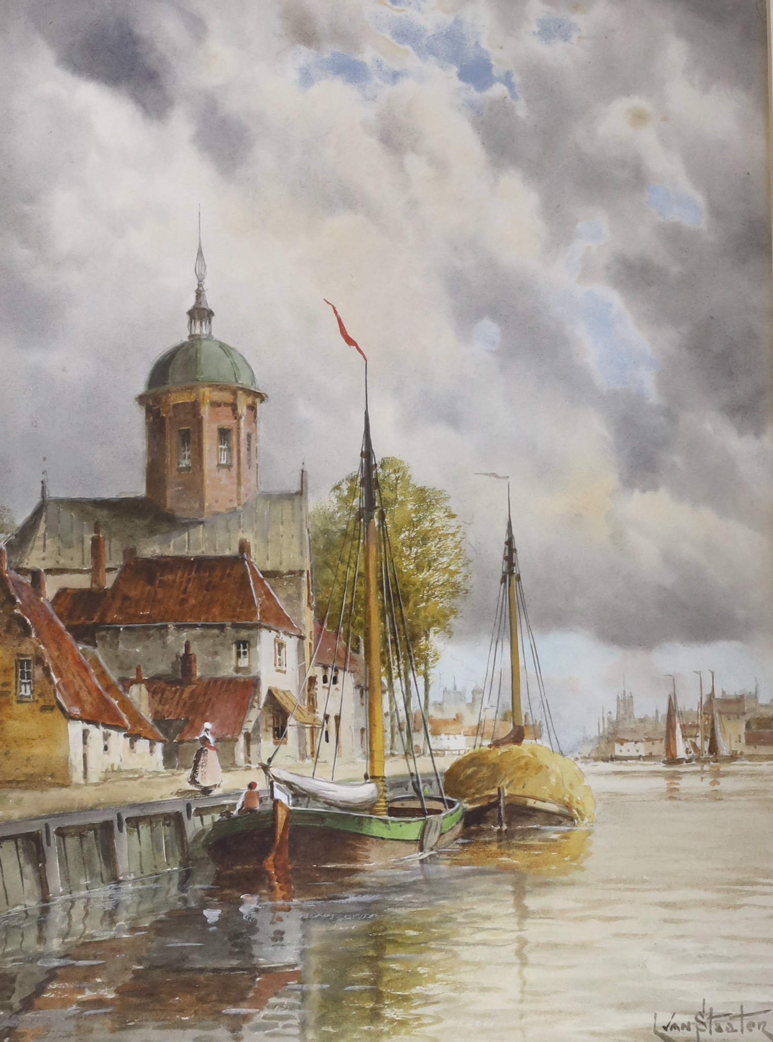 Louis Van Staaten (1859-1924), watercolour, Dutch canal scene, signed, 39 x 29cm